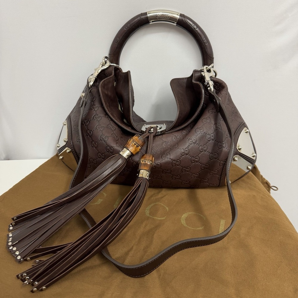 Gucci Leather GG Logo Embossed INDY Purse Shoulder Bag Brown Bamboo $1990